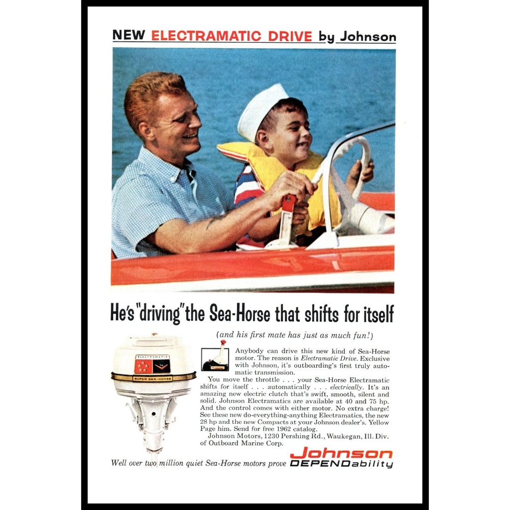 1962 Johnson Sea Horse Outboard Motor Vintage Print Ad Father Son Boating Decor